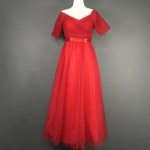 Evening Formal Gown Dress Womens 12 Red Off Shoulder Lace-Up Back Tulle Prom